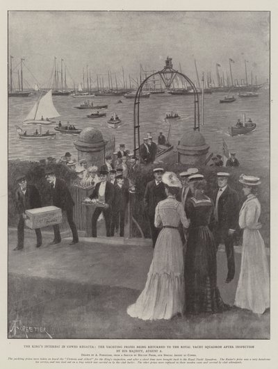 El interés del rey en la regata de Cowes, los premios de yates devueltos al Royal Yacht Squadron después de la inspección de Su Majestad, 2 de agosto de Amedee Forestier